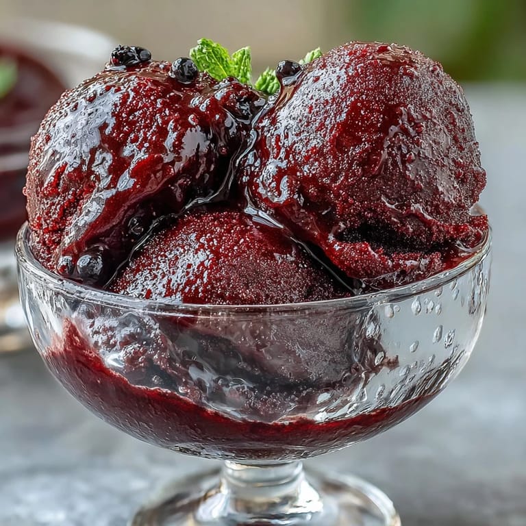 Homemade Black Currant & Gin Sorbet served in a chilled glass next to lemon cookies.