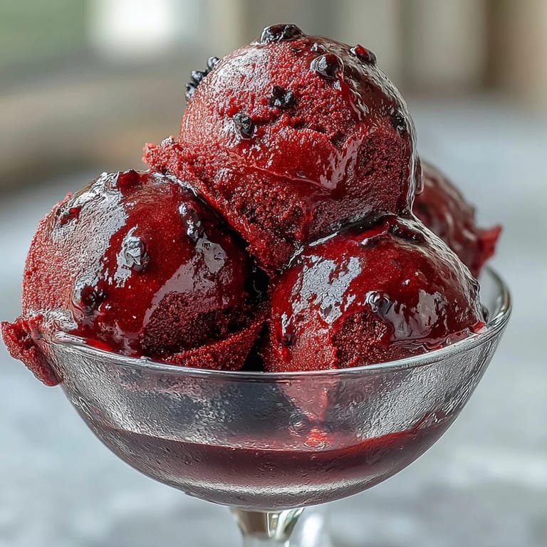 Bright purple Black Currant & Gin Sorbet in a glass, garnished with fresh currants and mint.
