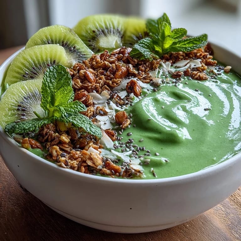 Thick, frosty Vegan Tropical Green Smoothie Bowl with Mango Chia Topping layered with bright green smoothie base and mango chia seed slurry, ready to serve.