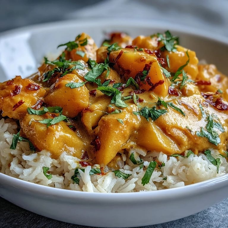 Spoon a generous helping of 20-minute vegan mango coconut chickpea curry over steaming fluffy rice for dinner.