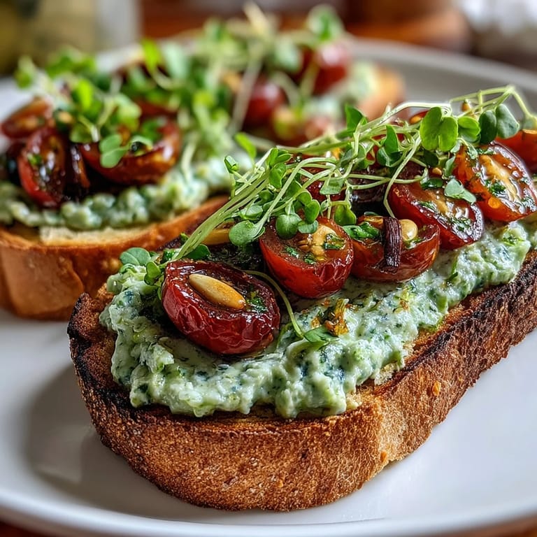 Toasted sourdough bread slathered with creamy avocado pesto and piled with halved cherry tomatoes and peppery microgreens.
