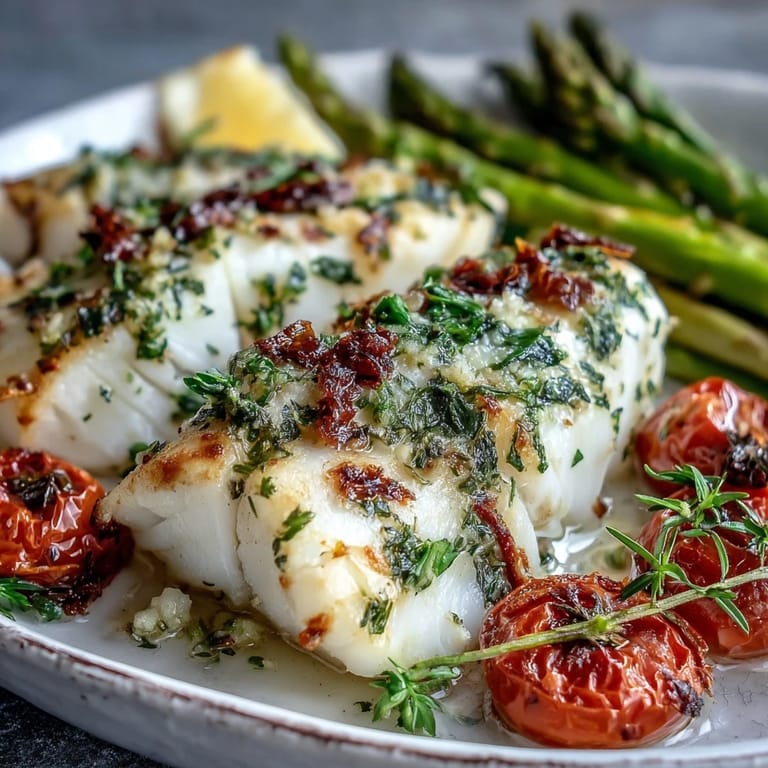 Juicy cherry tomatoes and crisp asparagus flank perfectly baked Baked Lemon Herb Cod, garnished with fresh parsley and lemon wedges for a bright finish.