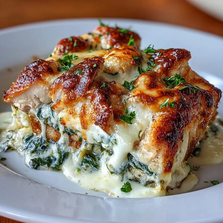 Tender chicken breasts smothered in a rich, creamy keto spinach artichoke sauce, baked until the cheese is perfectly melted and golden.