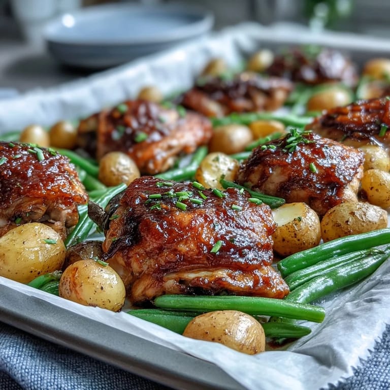 A plated serving of Honey Garlic Sheet Pan Chicken, featuring glazed chicken thighs, potatoes, and green beans on a white dish.