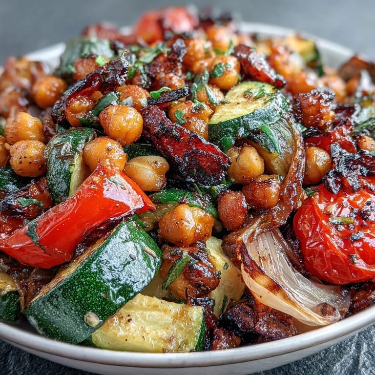 A warm platter of Lemon Garlic Roasted Vegetable Medley with Chickpeas, garnished with fresh parsley and bright lemon zest.