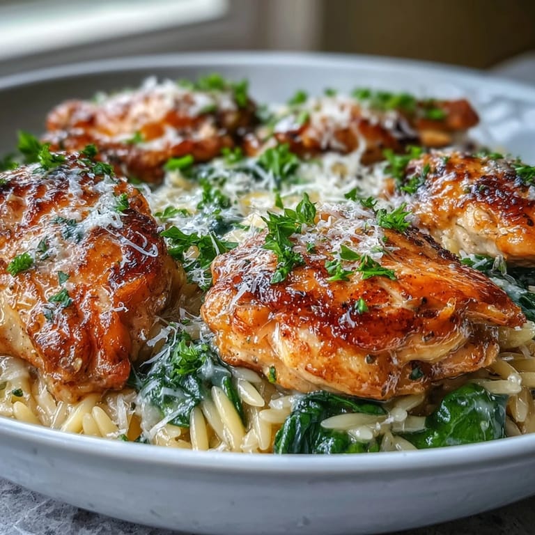 One-Pot Lemon Garlic Chicken and Orzo with Spinach served hot with fresh parsley and lemon wedges.