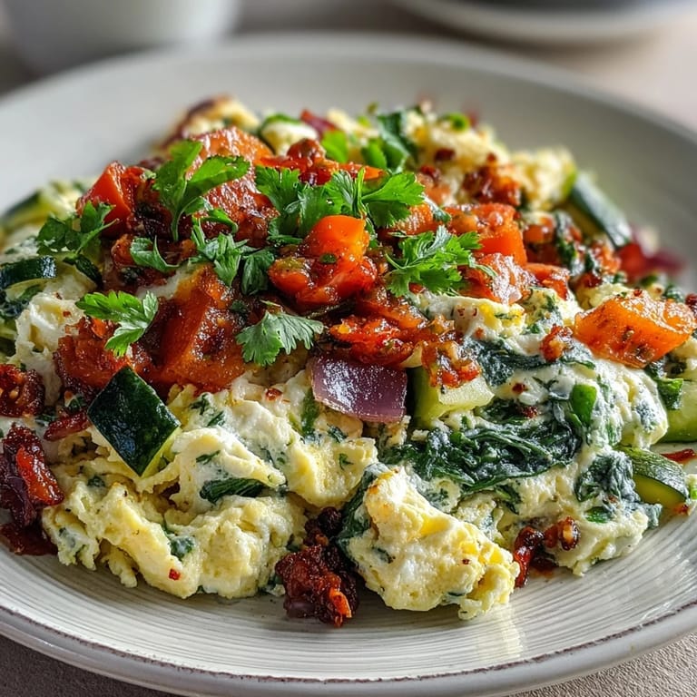 Plated low carb Egg White Veggie Scramble with Salsa, a perfect high-protein vegetarian breakfast.