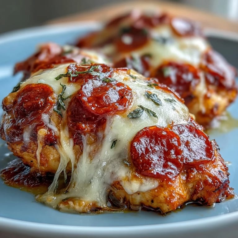 Oven-baked Keto Pepperoni Pizza Chicken Bake served hot with melted cheese and fresh basil garnish.