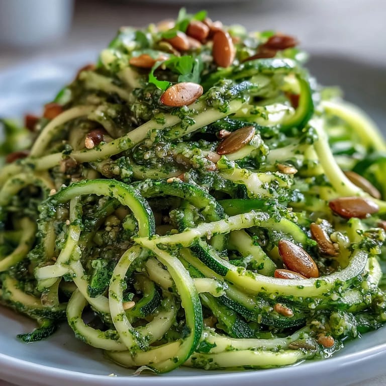 A close-up shows creamy green pumpkin seed pesto coating the light zucchini noodles, ready to enjoy immediately.