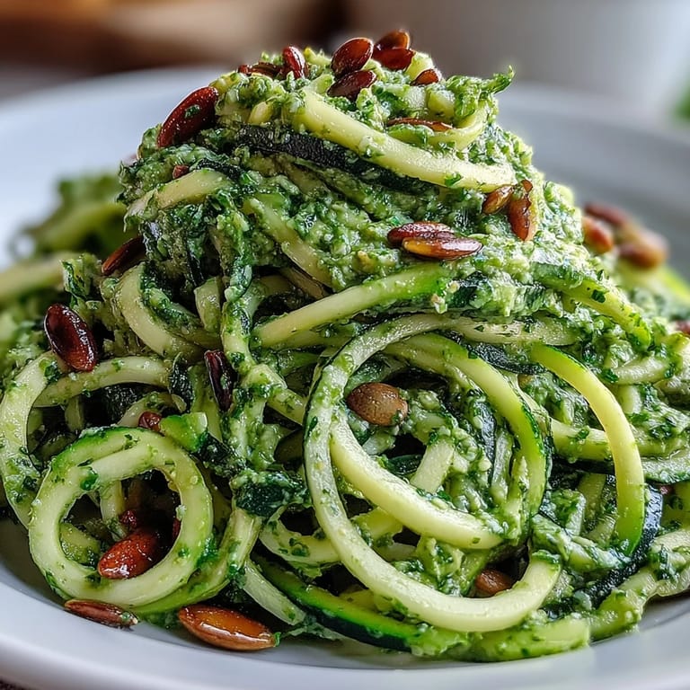 Vegan Pumpkin Seed Pesto Zucchini Noodles plated as a vibrant, low-carb main dish perfect for a healthy lunch.