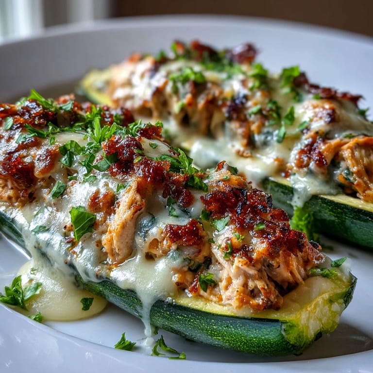 Freshly baked Keto Creamy Garlic Chicken Zucchini Boats on a rustic wooden board with a side salad.