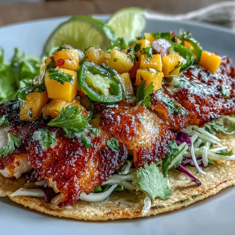 Light and healthy fish tacos bursting with sweet mango salsa, seasoned tilapia, and crisp cabbage in gluten-free corn tortillas.  