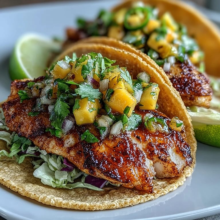 Colorful tilapia tacos featuring pan-seared fish, vibrant mango salsa, and shredded cabbage wrapped in soft corn tortillas.