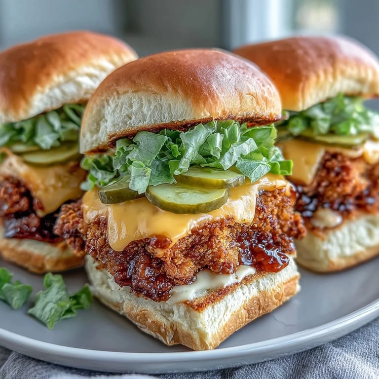 Golden-brown chicken sliders drizzled with sweet and tangy honey mustard, served on toasted buns with fresh lettuce and pickles. Ideal for gatherings!