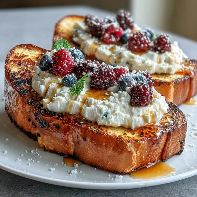 Aromatic and indulgent salted honey ricotta toast with fluffy ricotta, floral honey, and juicy seasonal berries for a perfect brunch.  