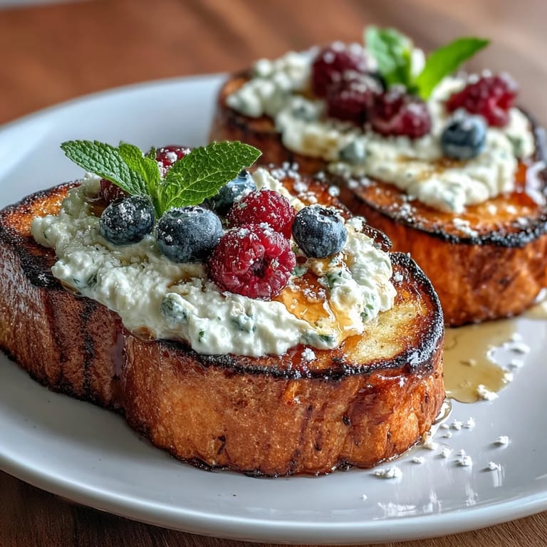 Crispy sourdough toast generously spread with whipped ricotta, finished with a sweet-salty honey drizzle and a burst of mixed fresh berries.