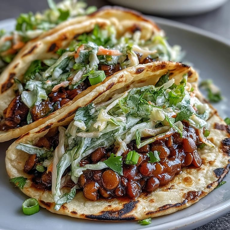 Hearty vegan tacos filled with tangy BBQ lentils and crisp cabbage slaw, garnished with fresh cilantro and lime wedges.