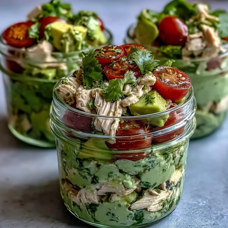 Fresh chicken and avocado salad in portable mason jars, ideal for quick and easy keto meal prep.  