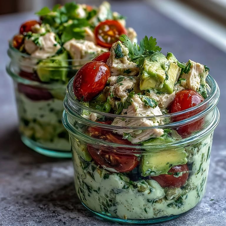Protein-rich chicken and avocado salad with crisp veggies, layered in mason jars for a satisfying keto lunch.