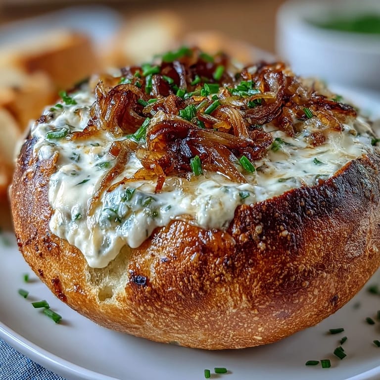 Golden sourdough bread bowl filled with rich onion dip, surrounded by toasted bread cubes and crisp vegetable dippers.  