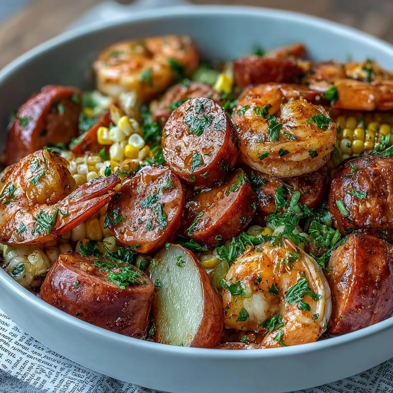 Southern-style onion boil with juicy shrimp, andouille sausage, and corn on the cob, seasoned with bold Cajun spices.  