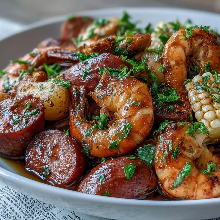 Festive shrimp and sausage boil featuring red potatoes, sweet onions, and corn, all cooked with zesty Cajun seasoning.