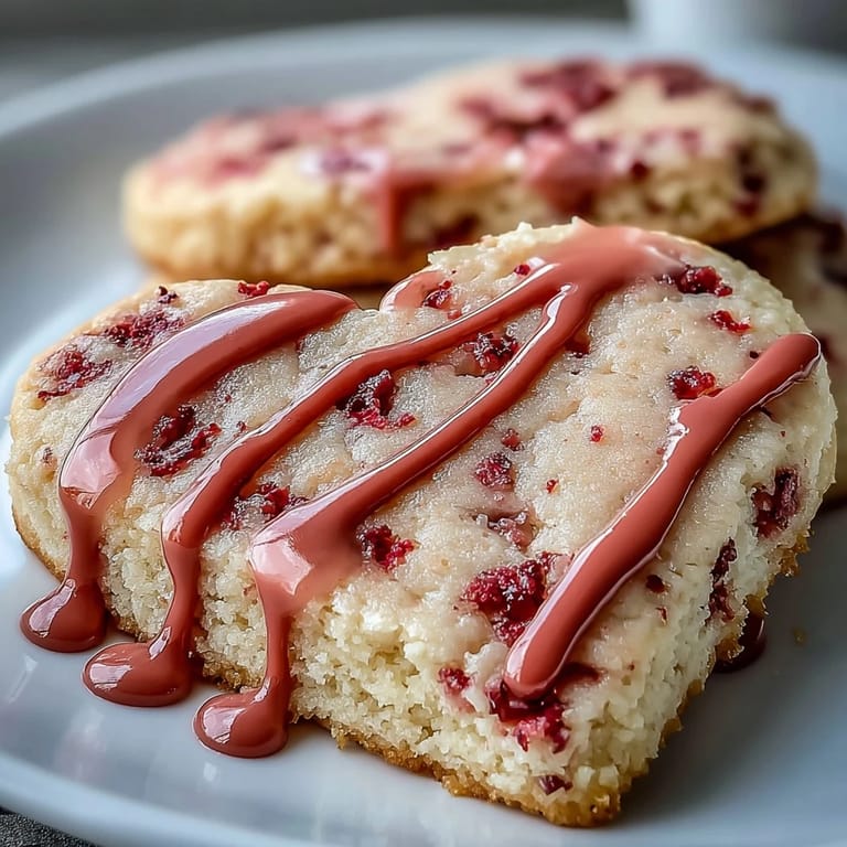 Delicate strawberry sugar cookies topped with vibrant royal icing, perfect for romantic holiday treats.  