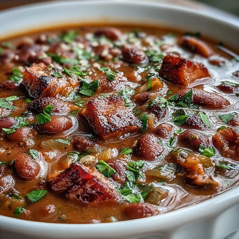 Traditional Cajun ham and red bean soup topped with green onions and parsley, served hot and savory.