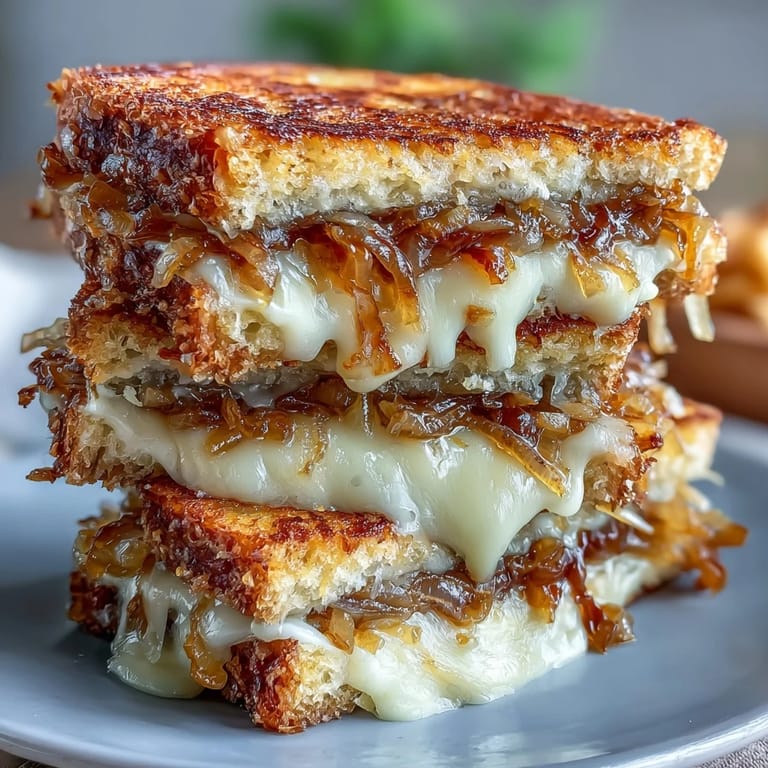 Crispy sourdough bread encases gooey Gruyère and Swiss cheese, layered with sweet, golden caramelized onions in this comforting French onion grilled cheese.