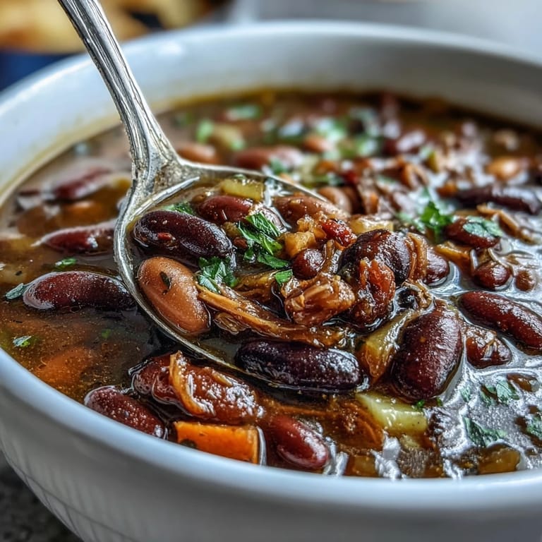 Rich, slow-cooked 15-bean soup featuring smoky turkey, hearty vegetables, and fragrant herbs in a savory broth.  