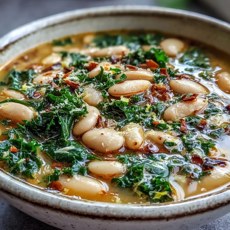 A rustic pot of Tuscan white bean soup with kale, cannellini beans, and a bright lemon zest garnish, served hot and inviting.