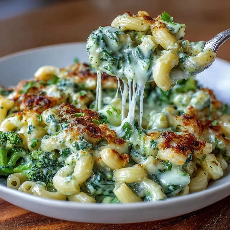 Homemade green mac and cheese packed with broccoli and spinach, topped with melted cheese for ultimate comfort.