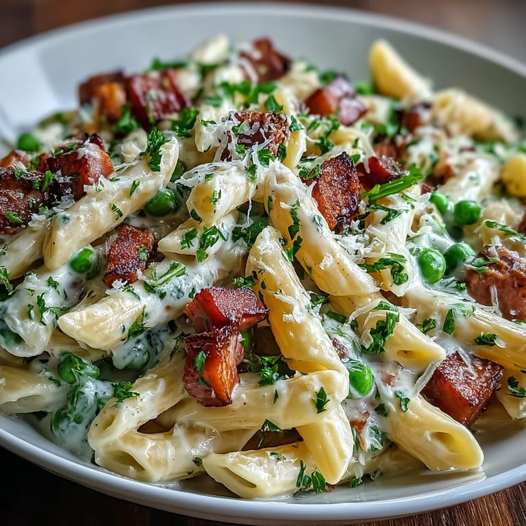Savory ham and sweet peas tossed with leeks and pasta in a velvety cream sauce, ready in 30 minutes.