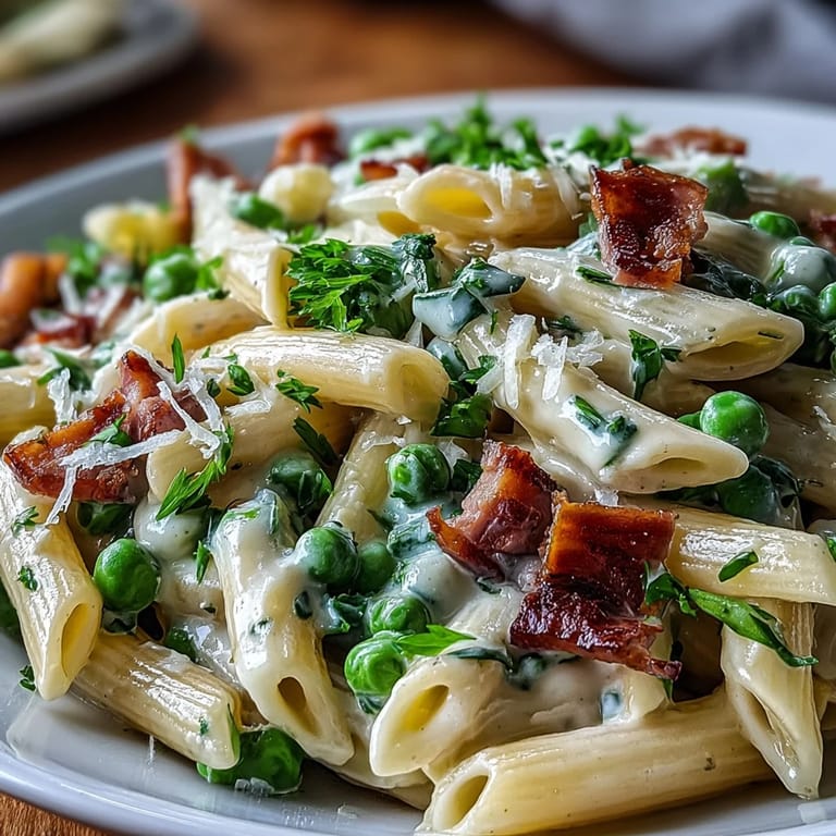 A comforting one-pot meal of pasta with leeks, peas, and diced ham in a creamy Parmesan sauce.  