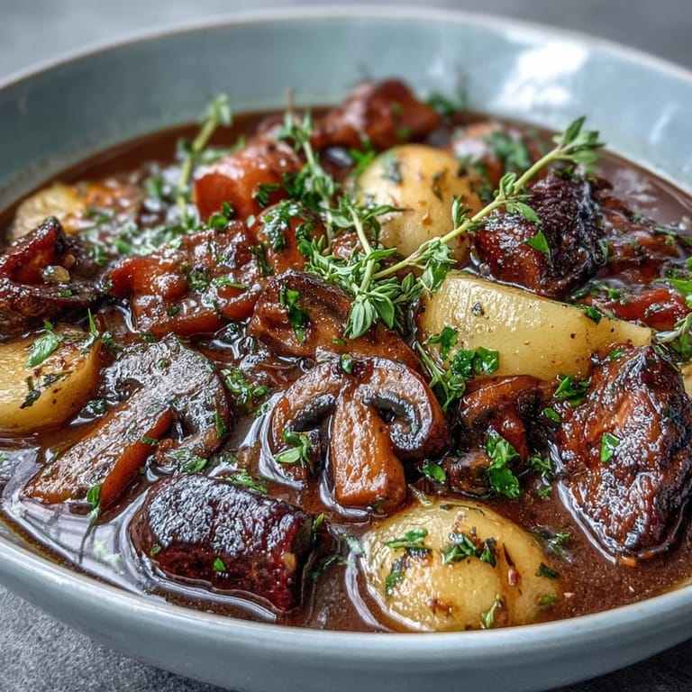 Comforting mushroom meat and vegetable stew served steaming hot, perfect for a cozy plant-based dinner.