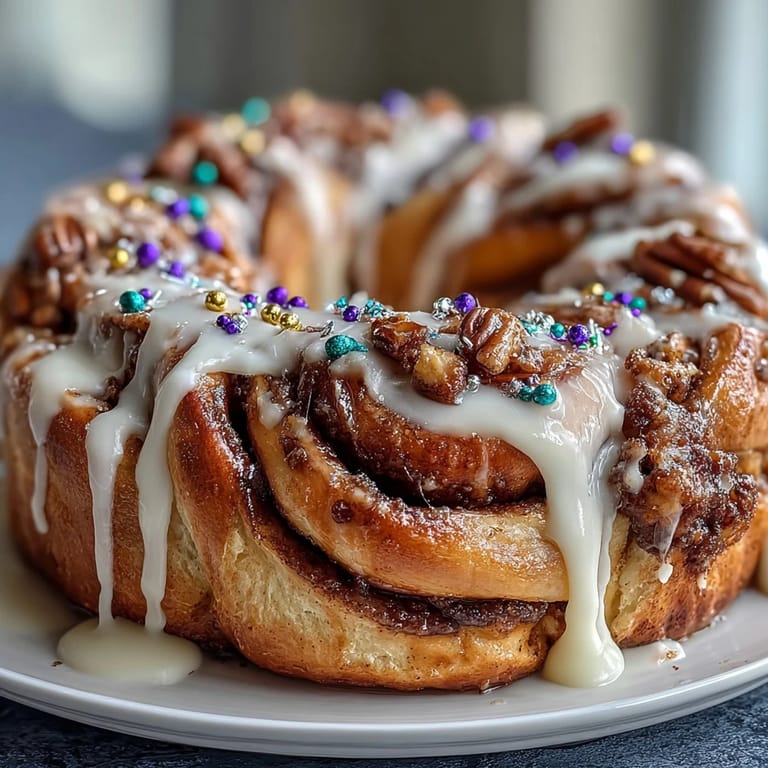 Golden-baked cinnamon roll wreath shaped like a King Cake, decorated with purple, green, and gold sugars, creating a showstopping Mardi Gras dessert centerpiece.