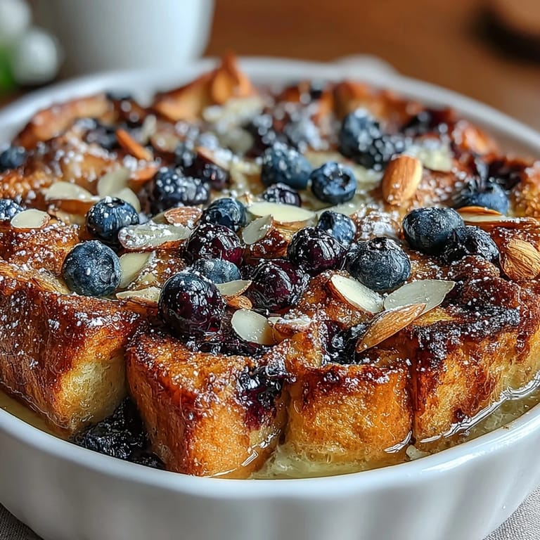 Vibrant blueberry and lemon sourdough casserole topped with almonds, perfect for a crowd-pleasing brunch.  