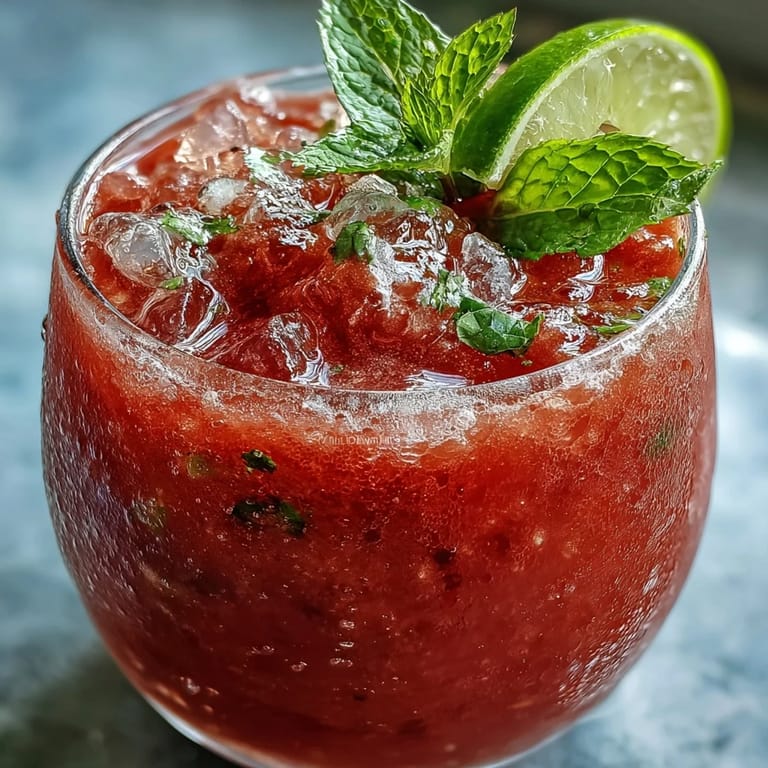 Refreshing alcohol-free strawberry watermelon daiquiri mocktail blended with mint and lime, served over ice with fruit garnish.