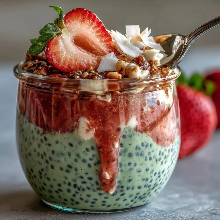 Beautifully layered strawberry matcha chia pudding jars topped with fresh strawberries and coconut flakes—a colorful, nutritious treat.