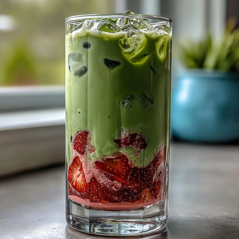 Refreshing layered iced latte featuring sweet strawberries, earthy matcha, and smooth coconut milk in tall glasses.