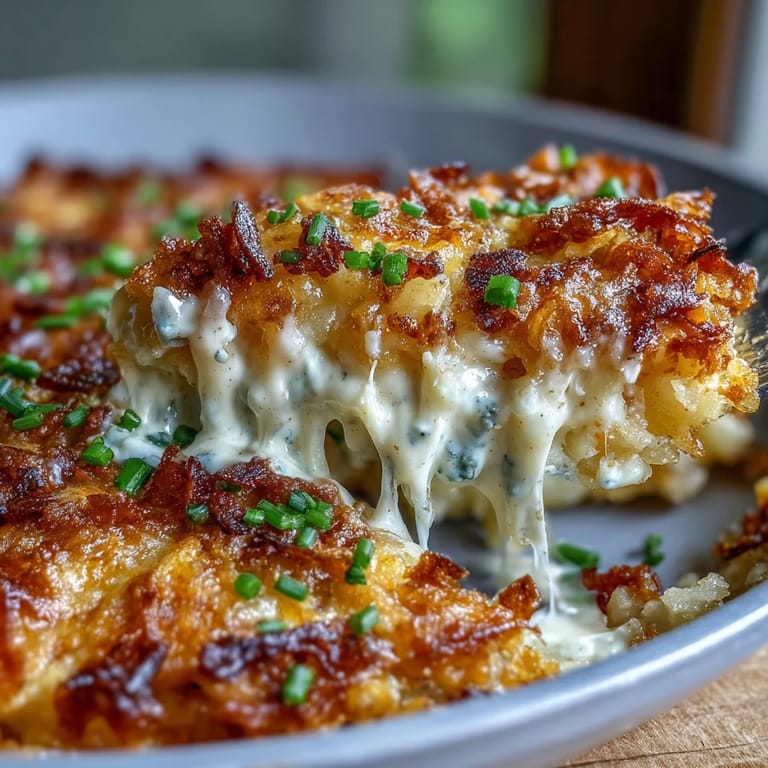 Warm Funeral Potatoes and Ham Breakfast Skillet served in an oven-proof pan, combining crispy potatoes, savory ham, and a crunchy topping for a hearty brunch.