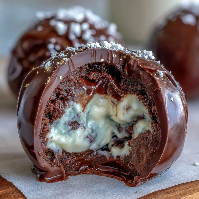 Elegant dessert with silky cream-filled chocolate spheres, each hiding a ripe strawberry center for a stunning presentation.  