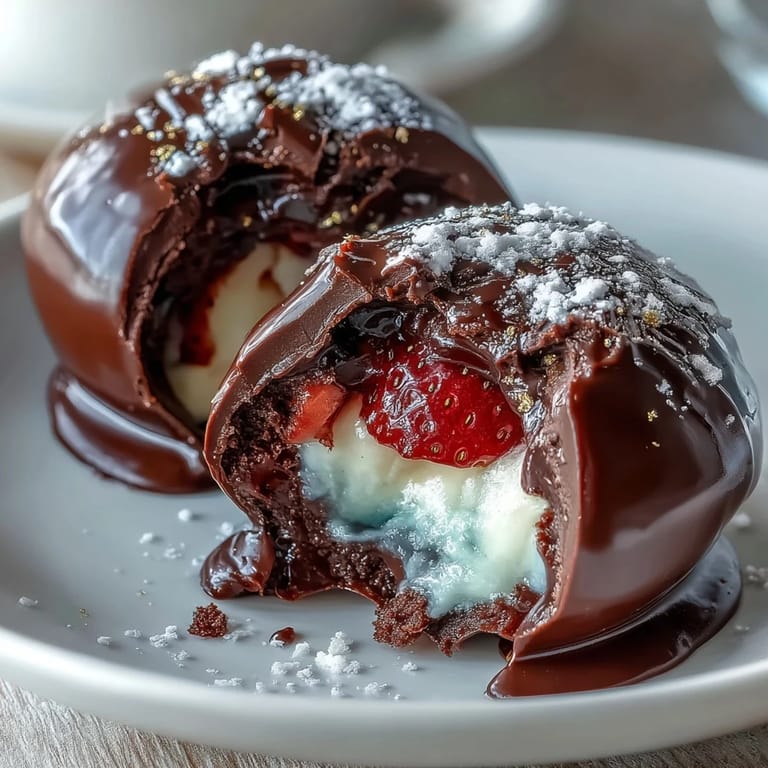 Decadent chocolate bombs with smooth cream filling and fresh strawberries, drizzled with white chocolate and edible gold leaf.