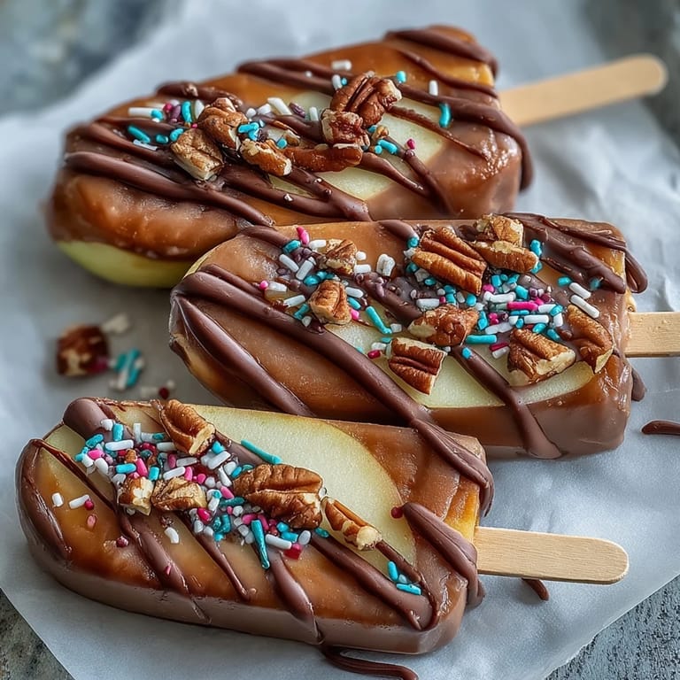 Juicy apple slices dipped in creamy caramel and topped with a glossy chocolate drizzle for a delightful snack.