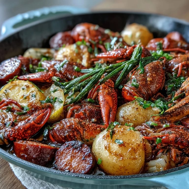 Golden roasted baby potatoes and red bell pepper mingle with spicy sausage and juicy crawfish on a single pan dinner.  