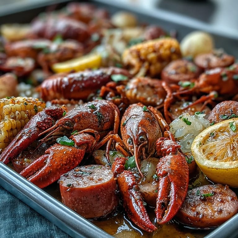 A hearty Southern-inspired sheet pan meal featuring tender crawfish, smoky sausage, and vibrant vegetables tossed in Cajun spices.