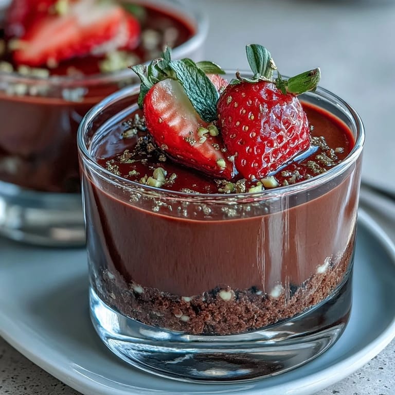 Decadent no-bake dessert cups featuring rich chocolate ganache, buttery biscuit base, and sweet macerated strawberries.