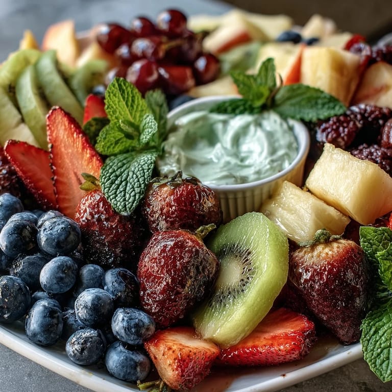 Fresh seasonal fruit platter shaped like a flower, with vibrant pineapple, blueberries, and kiwi, served alongside honey-vanilla yogurt dip for dipping.