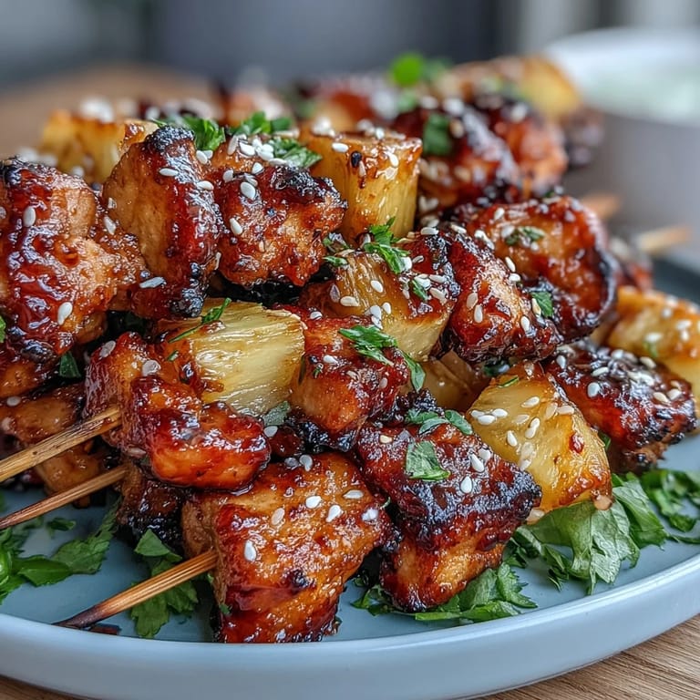 Savory-sweet air fryer chicken pineapple skewers with tender chicken and golden pineapple chunks, ideal for quick party snacks.