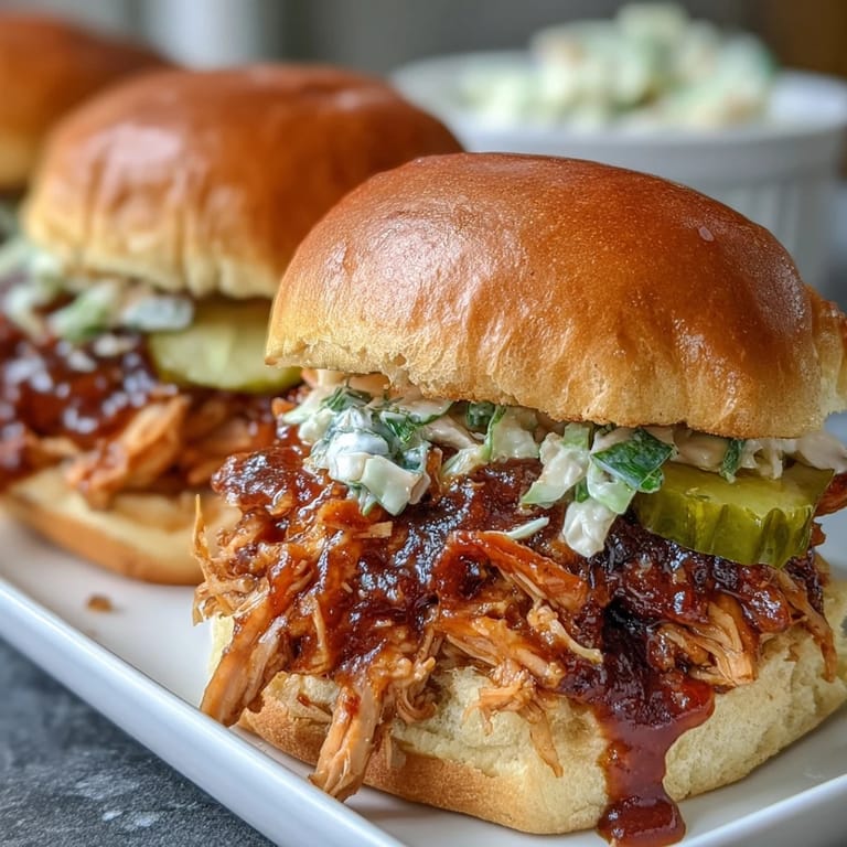 Tender shredded chicken drenched in smoky BBQ sauce, served warm on fluffy slider buns at your next celebration.